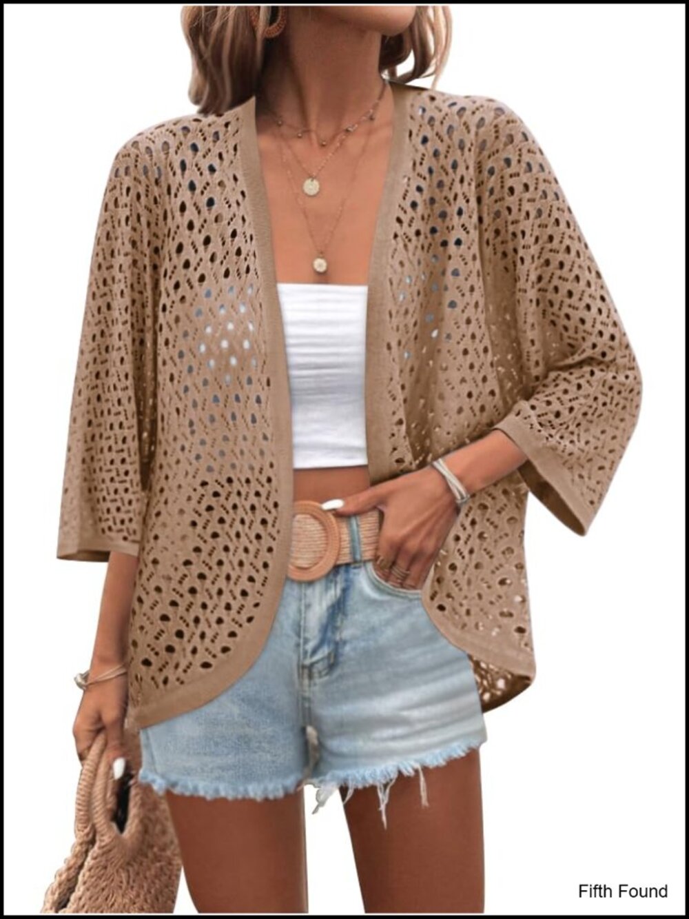 Crochet Cardigan 3/4 Sleeve Batwing Kimono Open Front Lightweight Knit